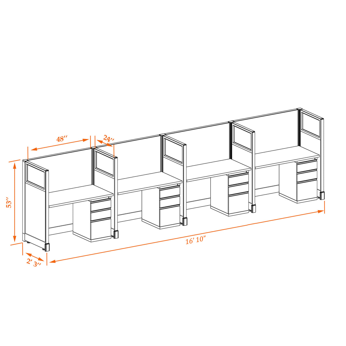 Call Center Cubicles With Glass 53H 4-Pack In-Line Non-Powered
