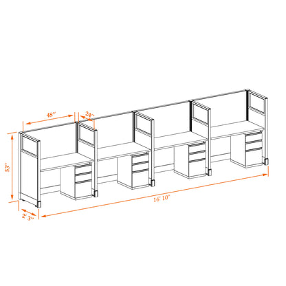 Call Center Cubicles With Glass 53H 4-Pack In-Line Non-Powered