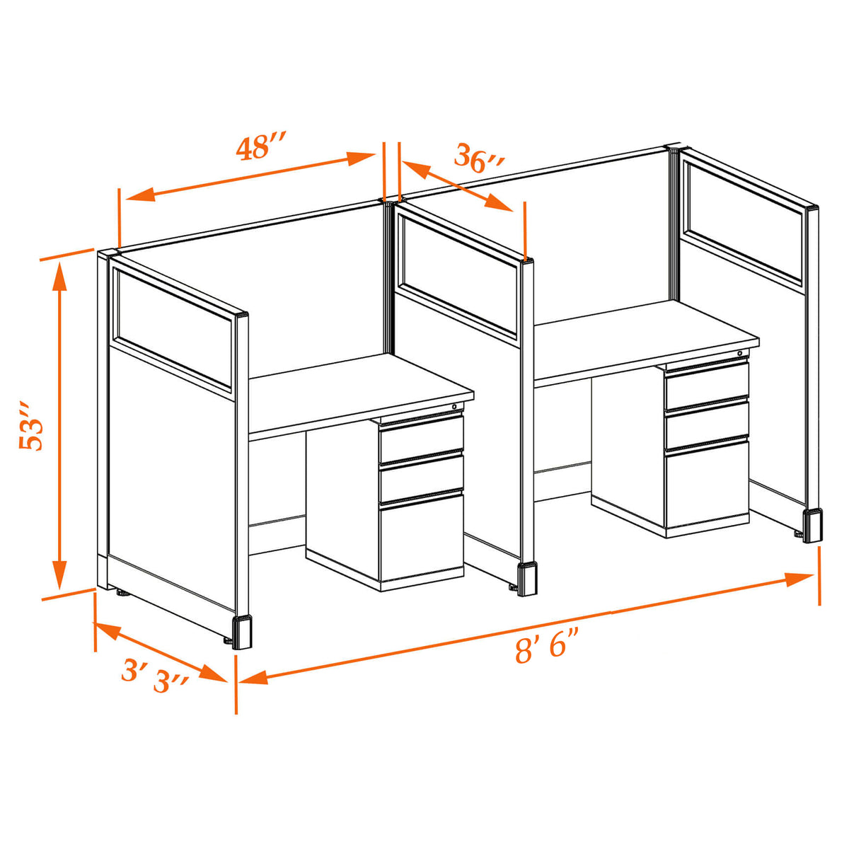 Call Center Cubicles With Glass 53H 2-Pack In-Line Non-Powered