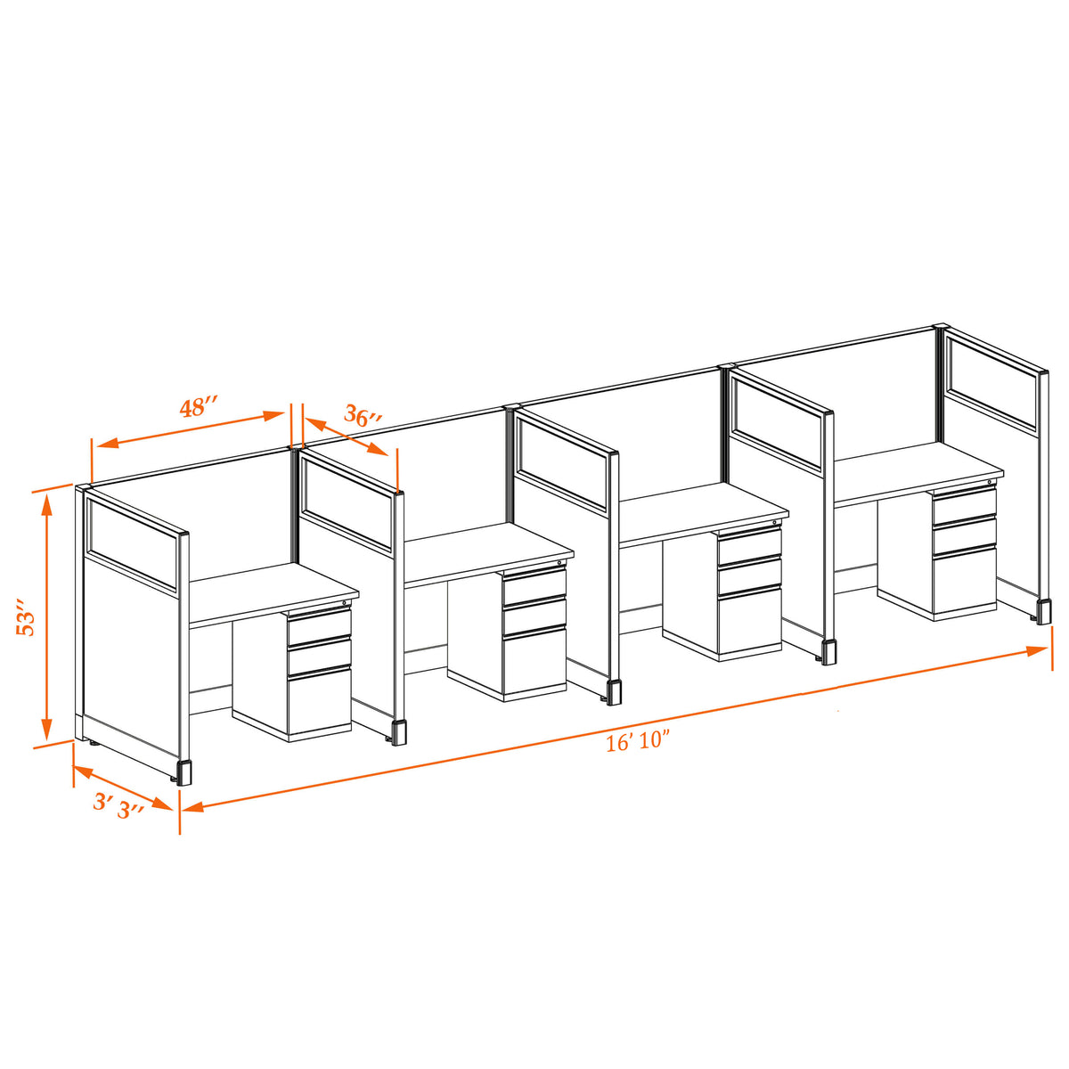 Call Center Cubicles With Glass 53H 4-Pack In-Line Non-Powered