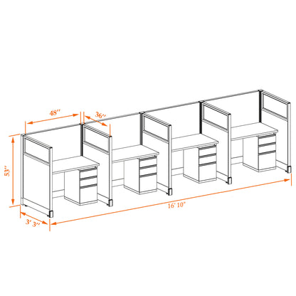 Call Center Cubicles With Glass 53H 4-Pack In-Line Non-Powered