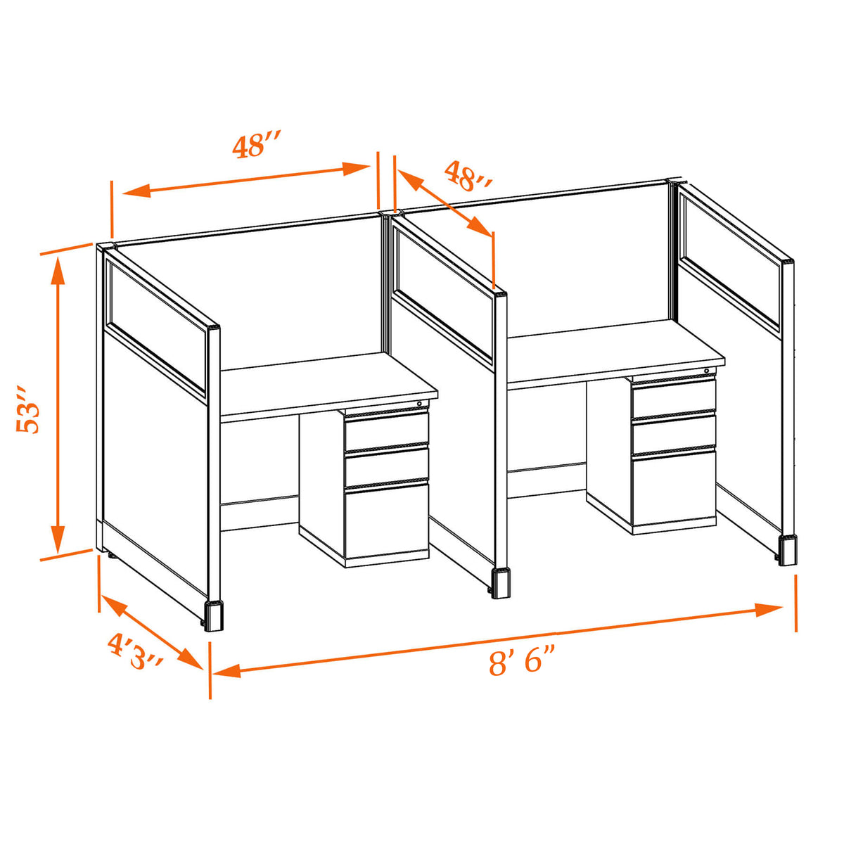 Call Center Cubicles With Glass 53H 2-Pack In-Line Non-Powered