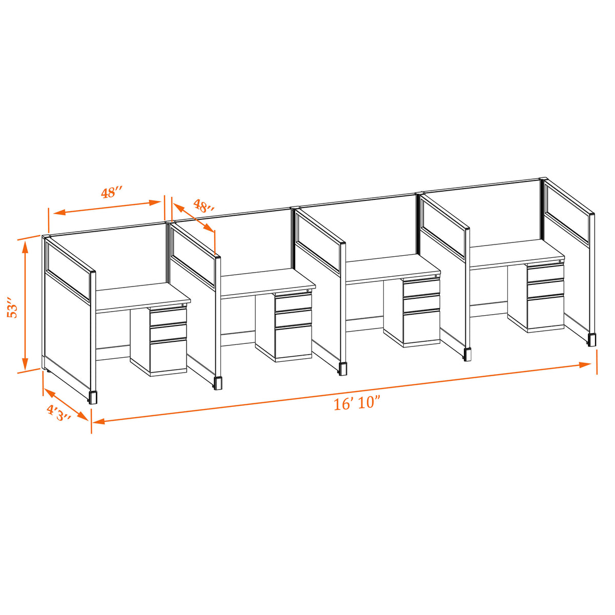 Call Center Cubicles With Glass 53H 4-Pack In-Line Non-Powered