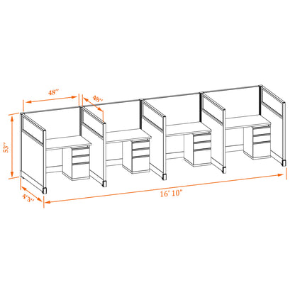 Call Center Cubicles With Glass 53H 4-Pack In-Line Non-Powered