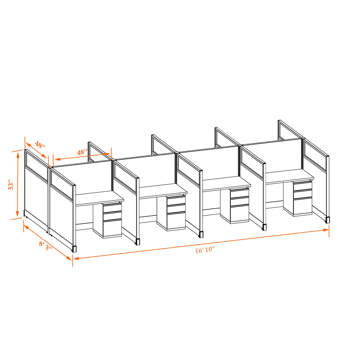 Call Center Cubilces With Glass 53H 8-Pack Cluster Non-Powered