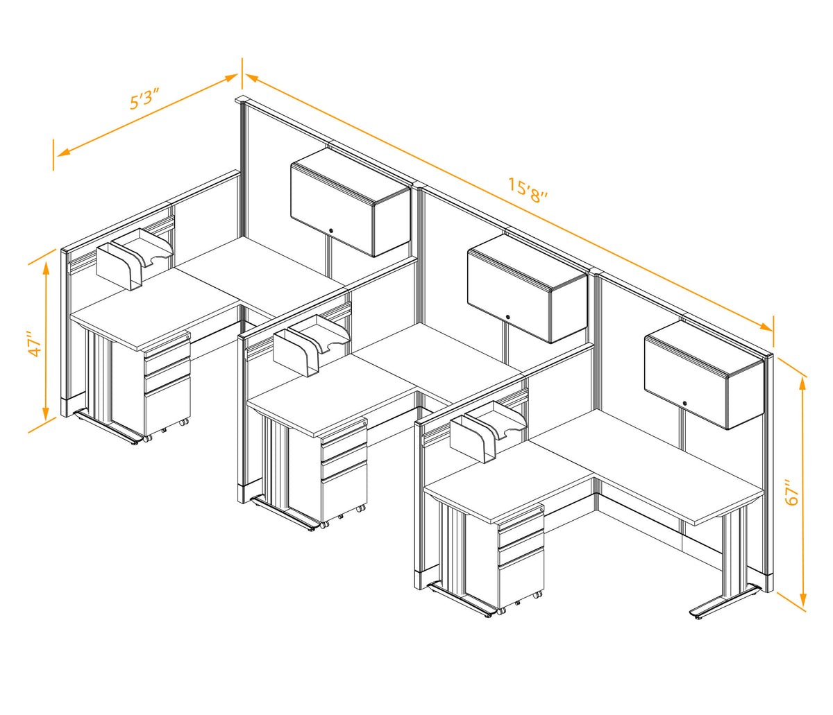Cubicle Desks With Storage L-Shaped 3-Pack Non-Powered