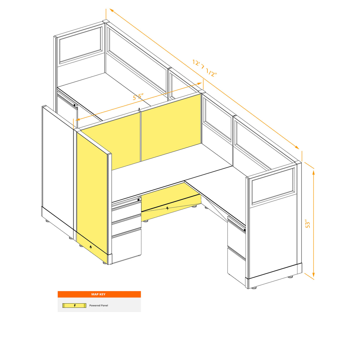 L-Shaped Cubicles Partial Glass 53H 2-Pack Cluster Powered