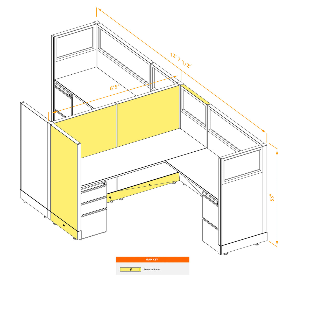 L-Shaped Cubicles Partial Glass 53H 2-Pack Cluster Powered
