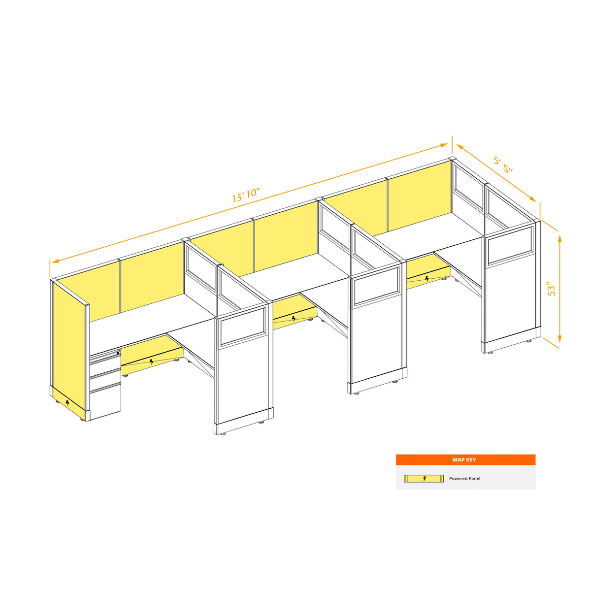 L-Shaped Cubicles Partial Glass 53H 3-Pack In-Line Powered