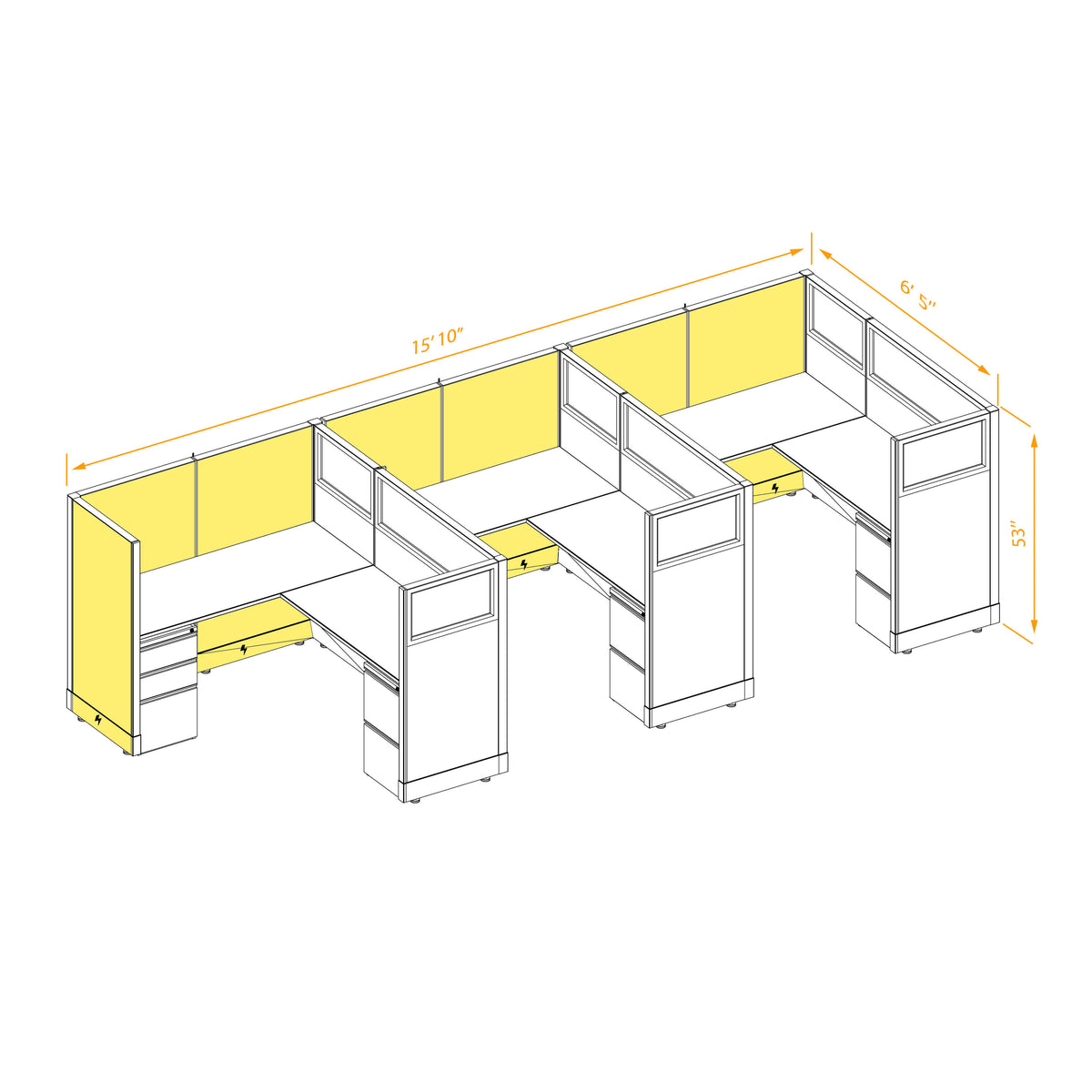 L-Shaped Cubicles Partial Glass 53H 3-Pack In-Line Powered
