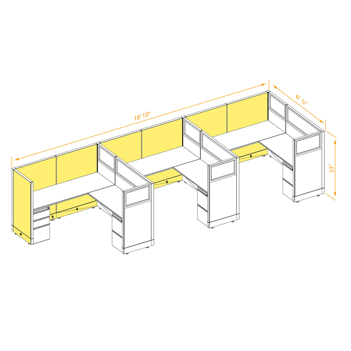 L-Shaped Cubicles Partial Glass 53H 3-Pack In-Line Powered