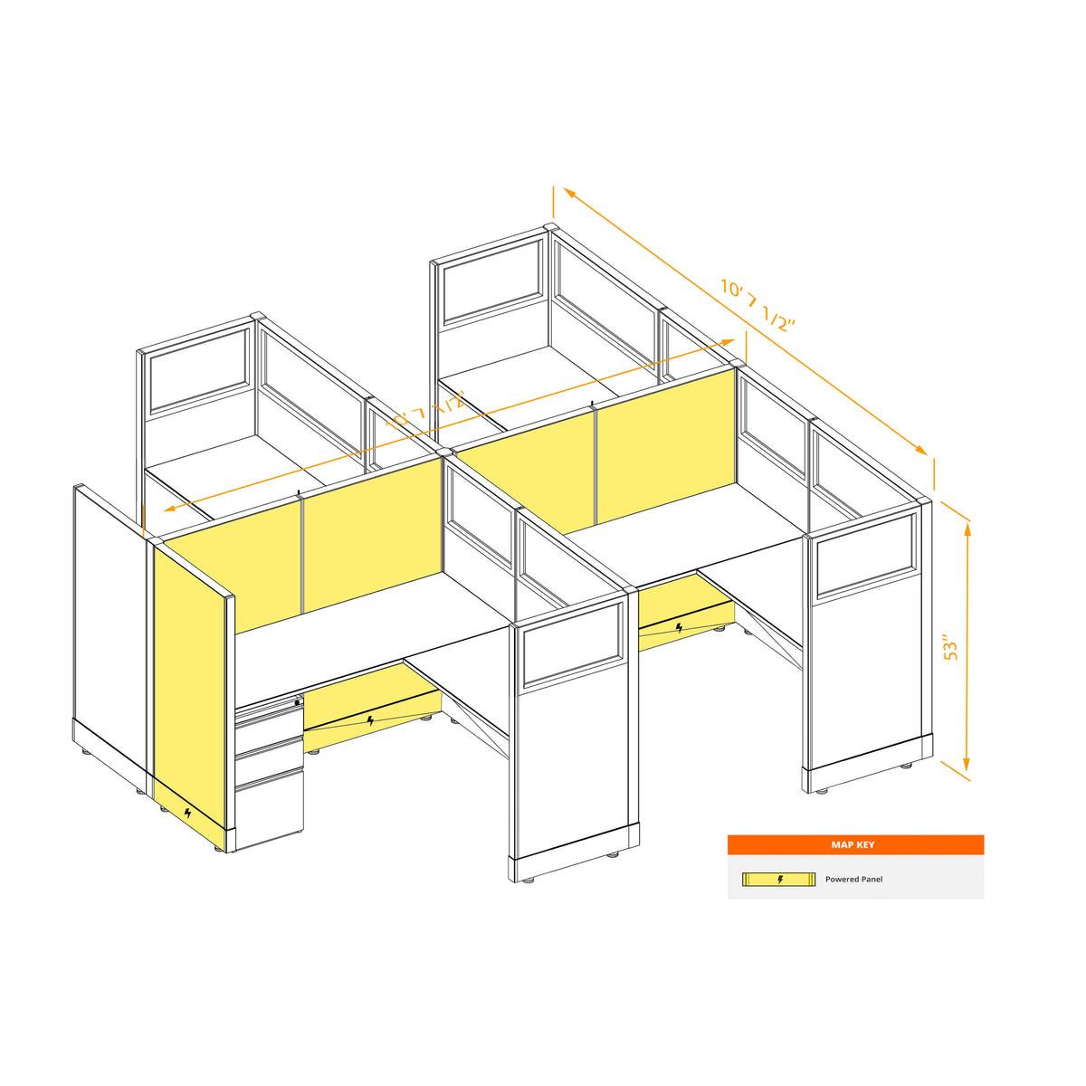 L-Shaped Cubicles Partial Glass 53H 4-Pack Cluster Powered