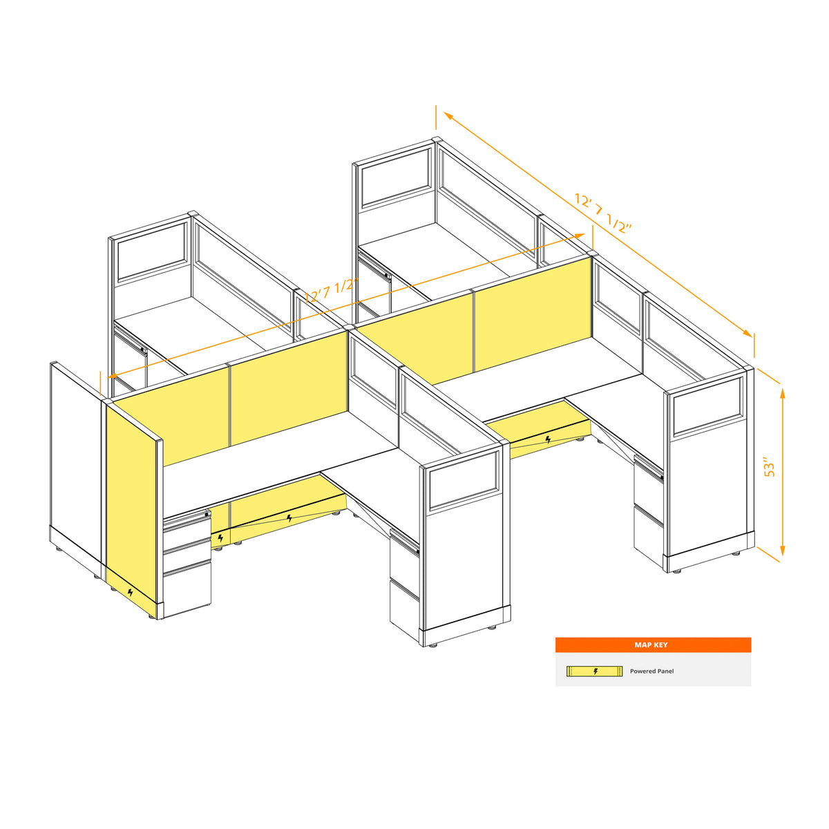 L-Shaped Cubicles Partial Glass 53H 4-Pack Cluster Powered