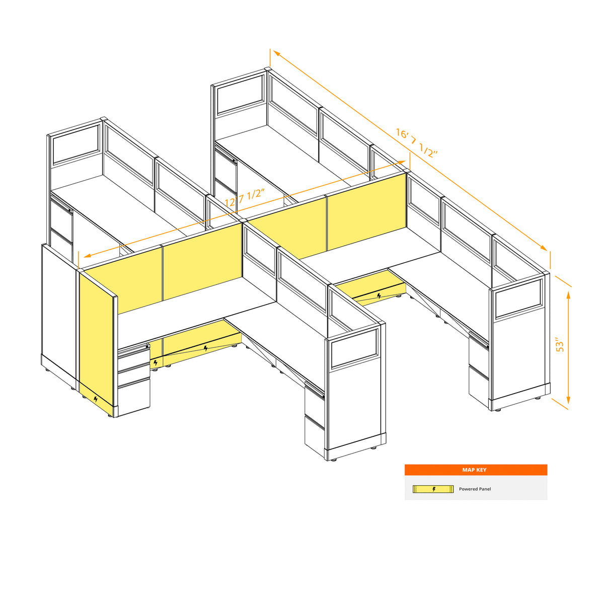 L-Shaped Cubicles Partial Glass 53H 4-Pack Cluster Powered