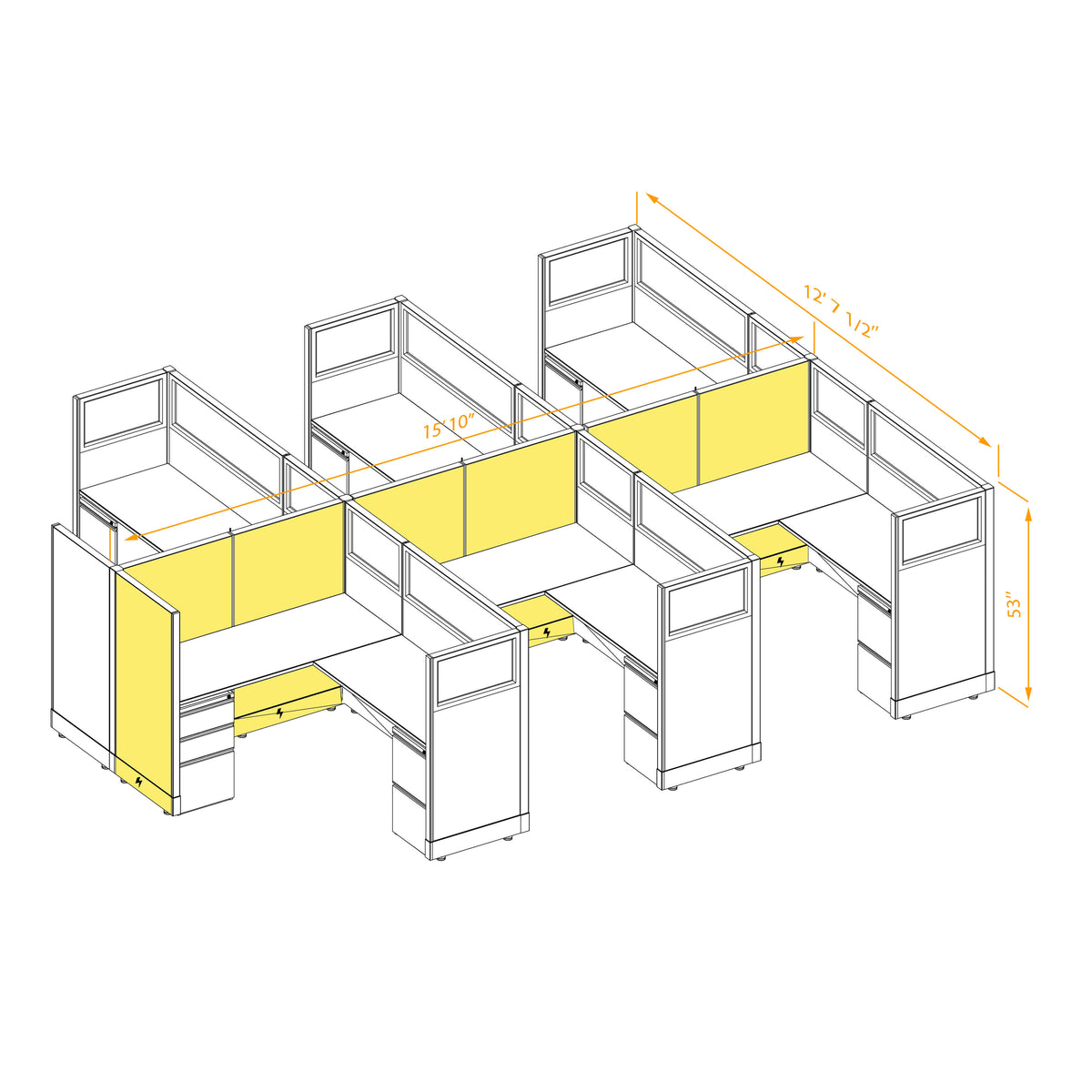 L-Shaped Cubicles Partial Glass 53H 6-Pack Cluster Powered
