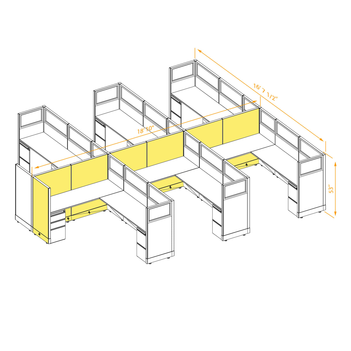 L-Shaped Cubicles Partial Glass 53H 6-Pack Cluster Powered