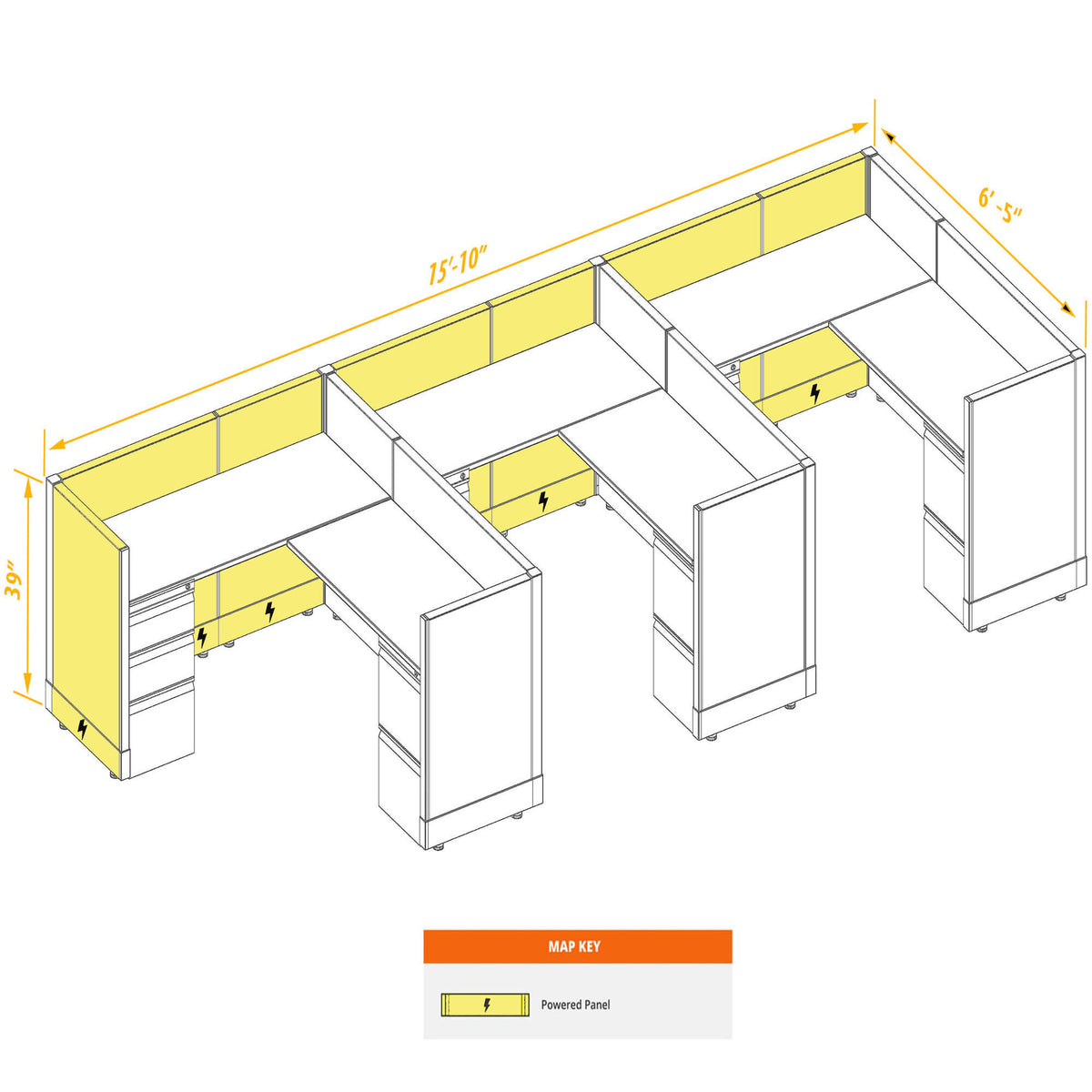 L-Shaped Cubicles 39H 3-Pack In-Line Powered