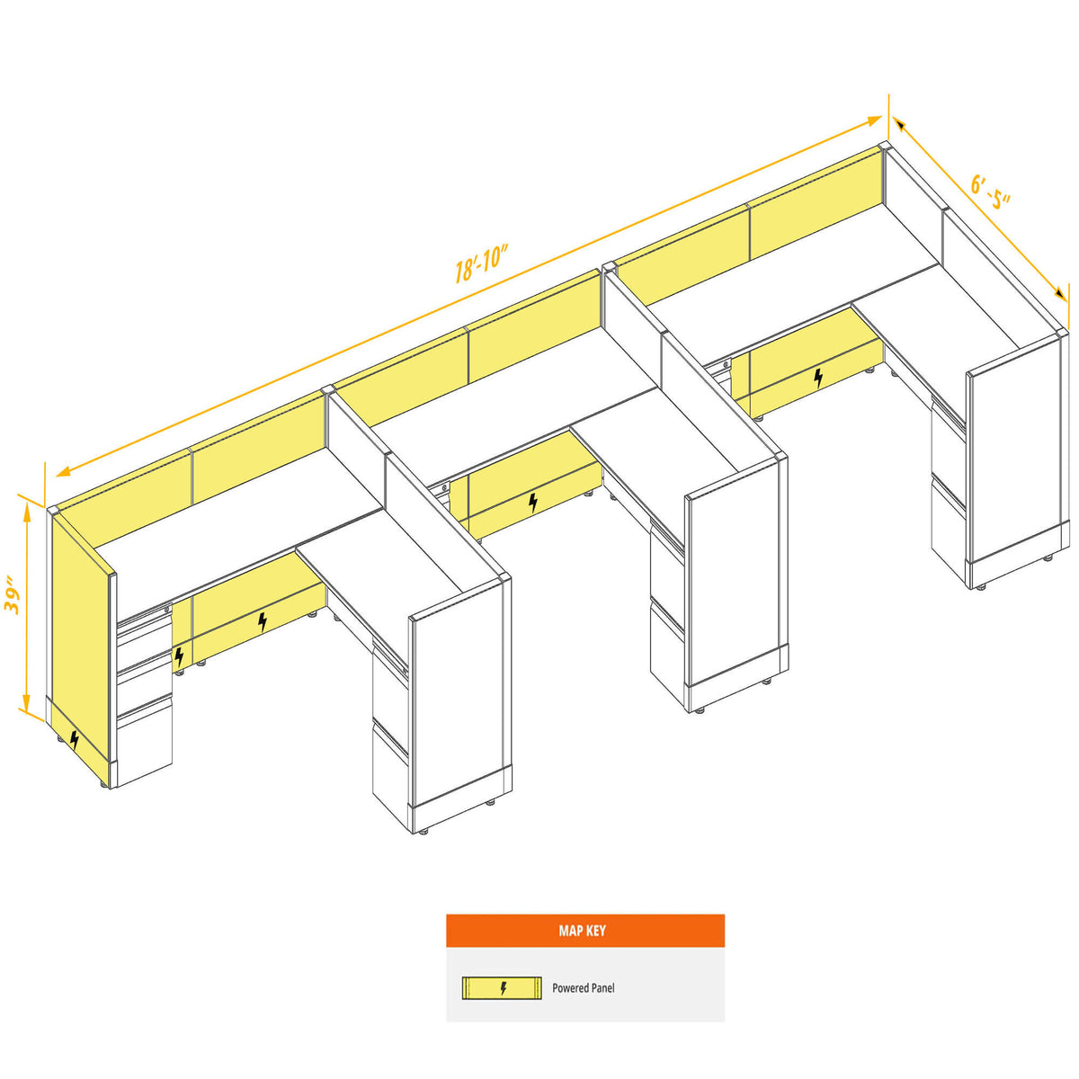 L-Shaped Cubicles 39H 3-Pack In-Line Powered