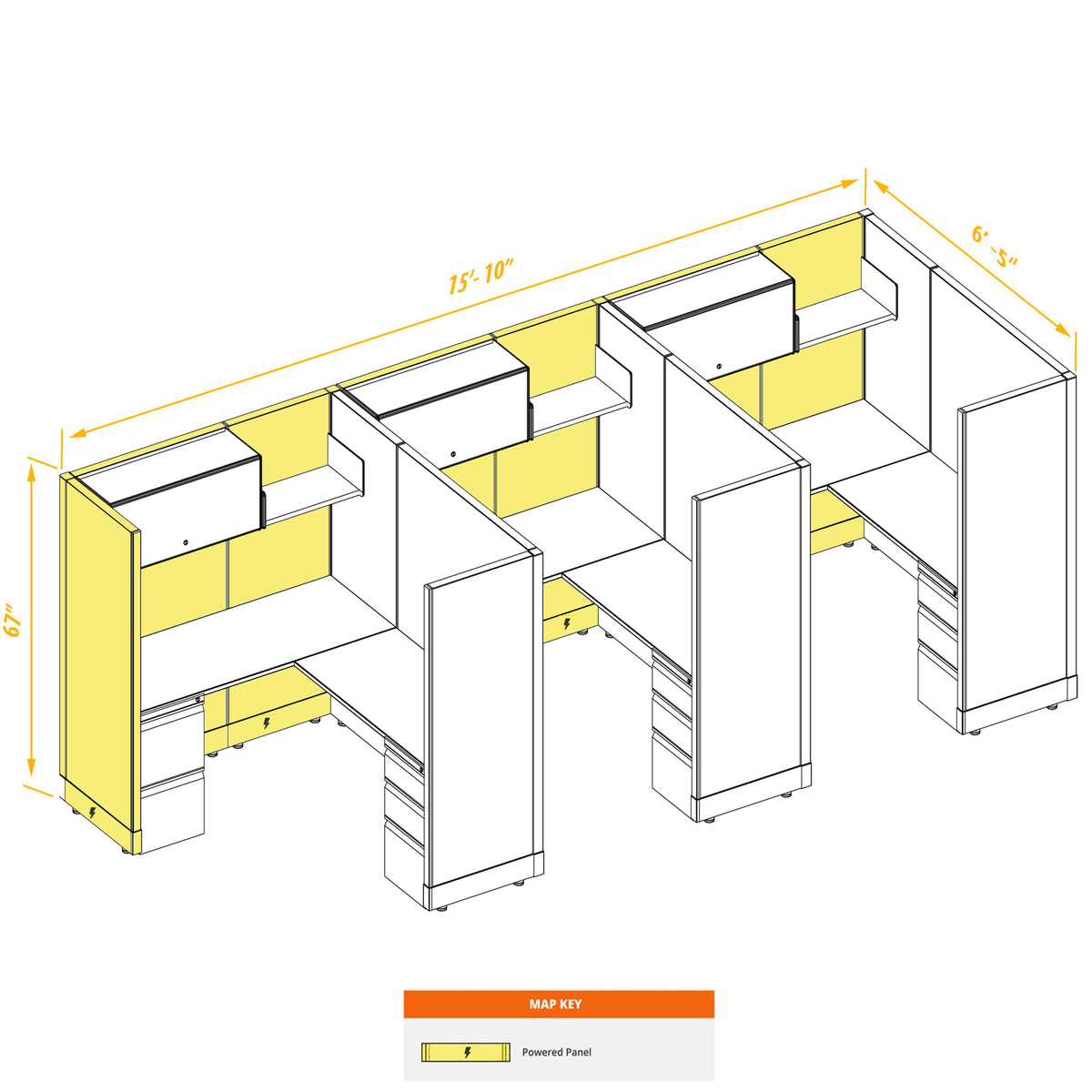 L-Shaped Cubicles 67H 3-Pack In-Line Powered