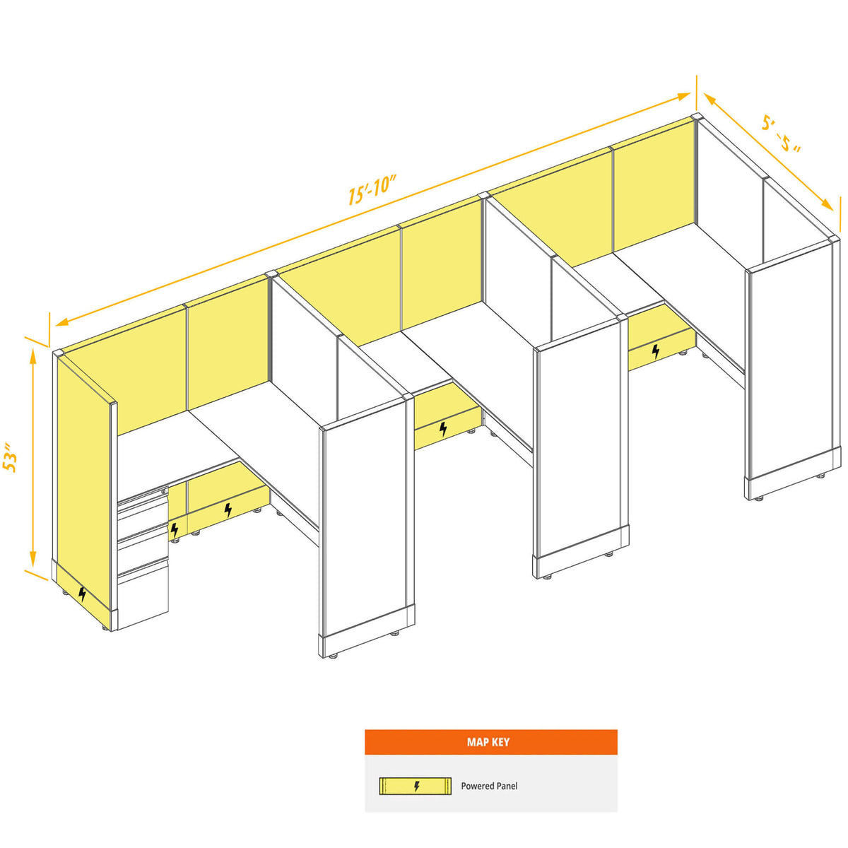 L-Shaped Cubicles 53H 3-Pack In-Line Powered