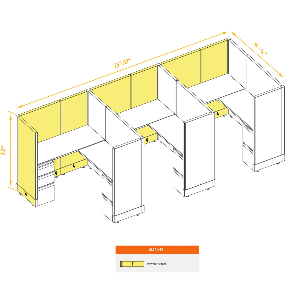 L-Shaped Cubicles 53H 3-Pack In-Line Powered
