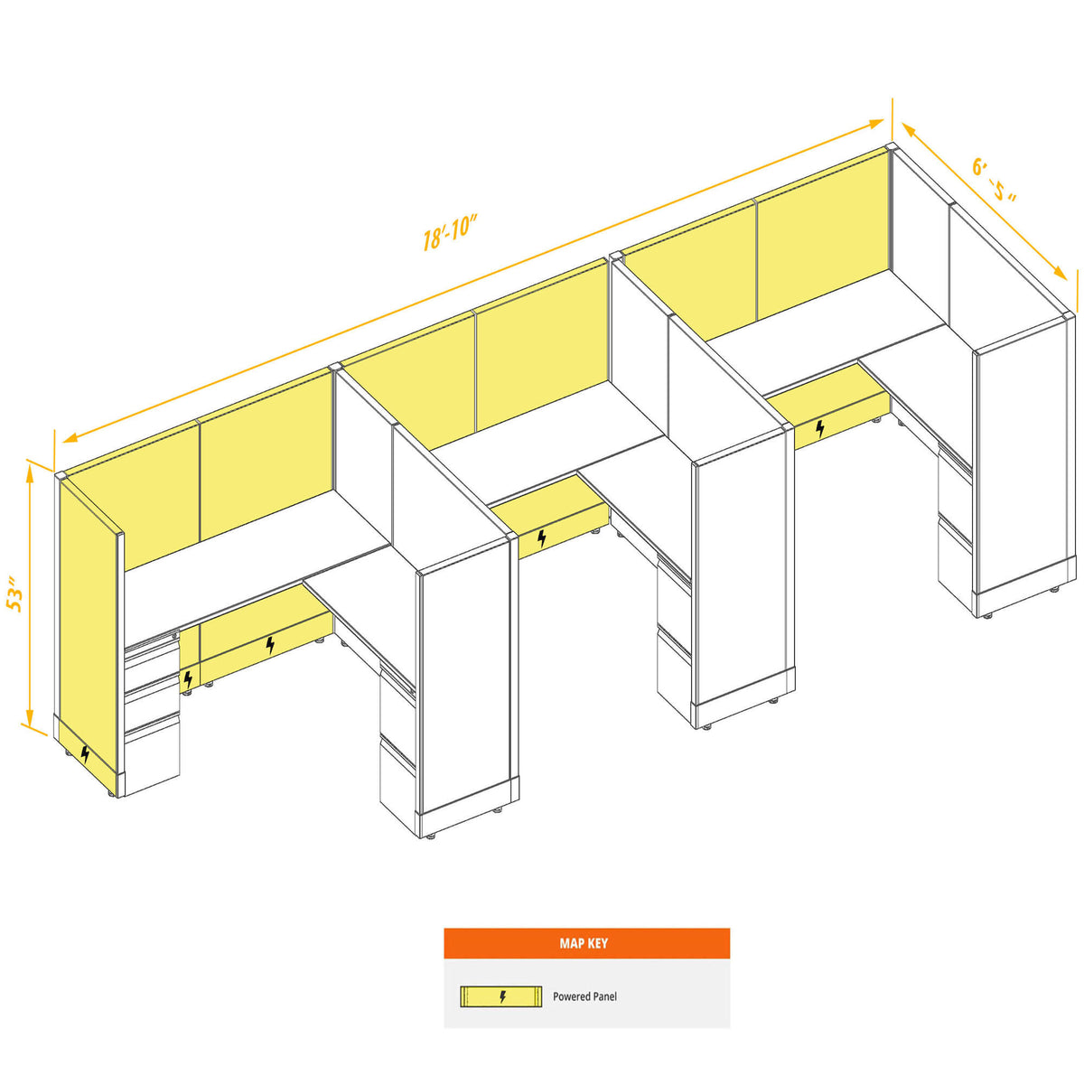 L-Shaped Cubicles 53H 3-Pack In-Line Powered
