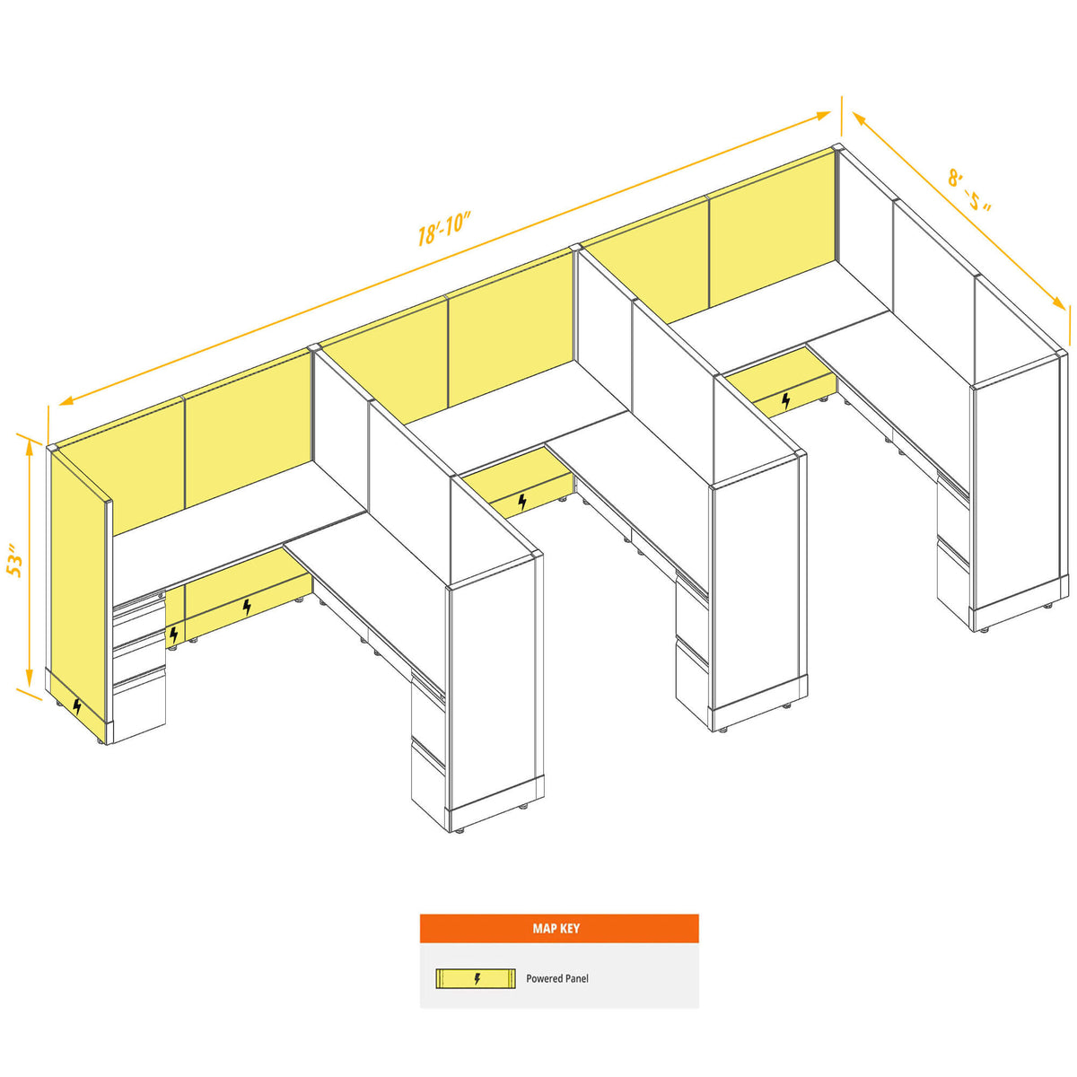 L-Shaped Cubicles 53H 3-Pack In-Line Powered