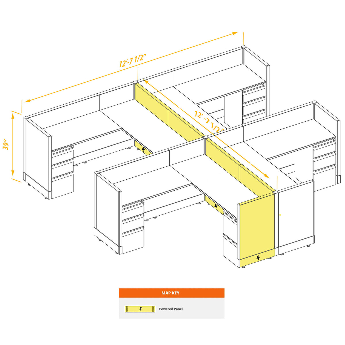 L-Shaped Cubicles 39H 4-Pack Cluster Powered
