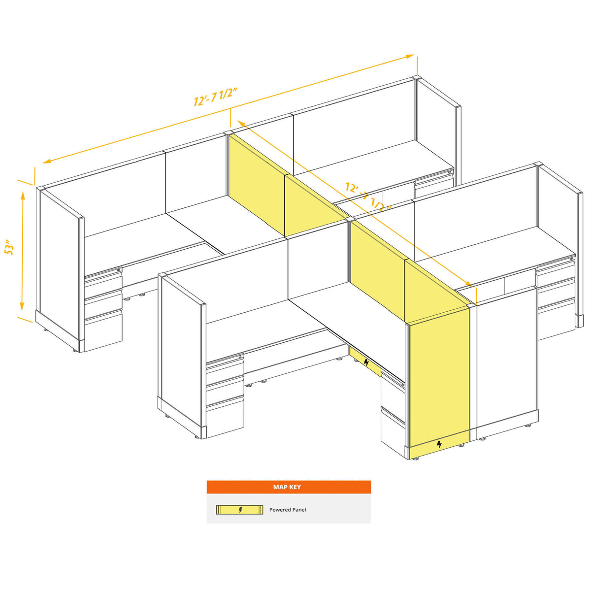 L-Shaped Cubicles 53H 4-Pack Cluster Powered