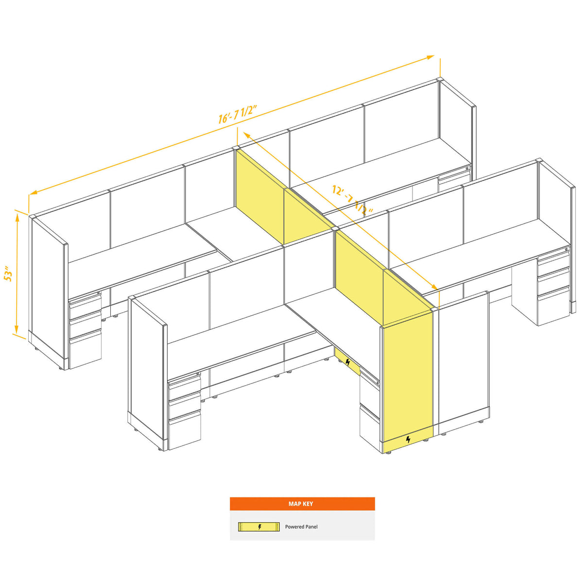 L-Shaped Cubicles 53H 4-Pack Cluster Powered