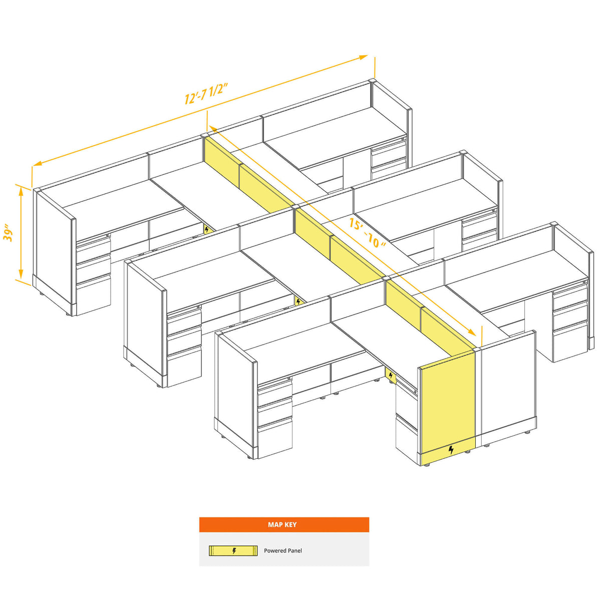 L-Shaped Cubicles 39H 6-Pack Cluster Powered