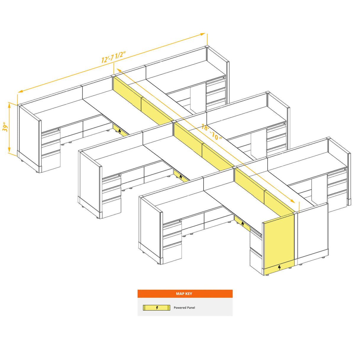 L-Shaped Cubicles 39H 6-Pack Cluster Powered