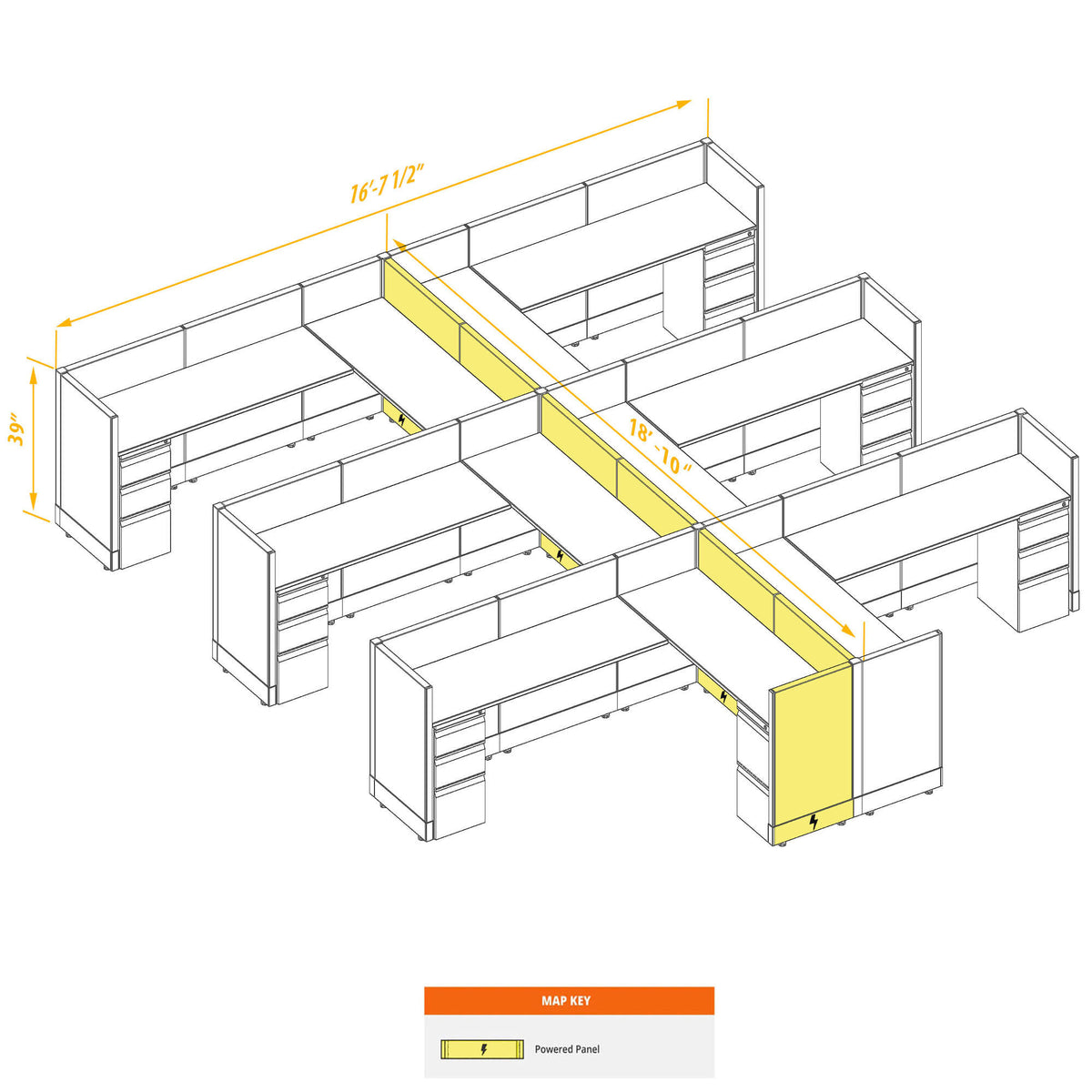 L-Shaped Cubicles 39H 6-Pack Cluster Powered