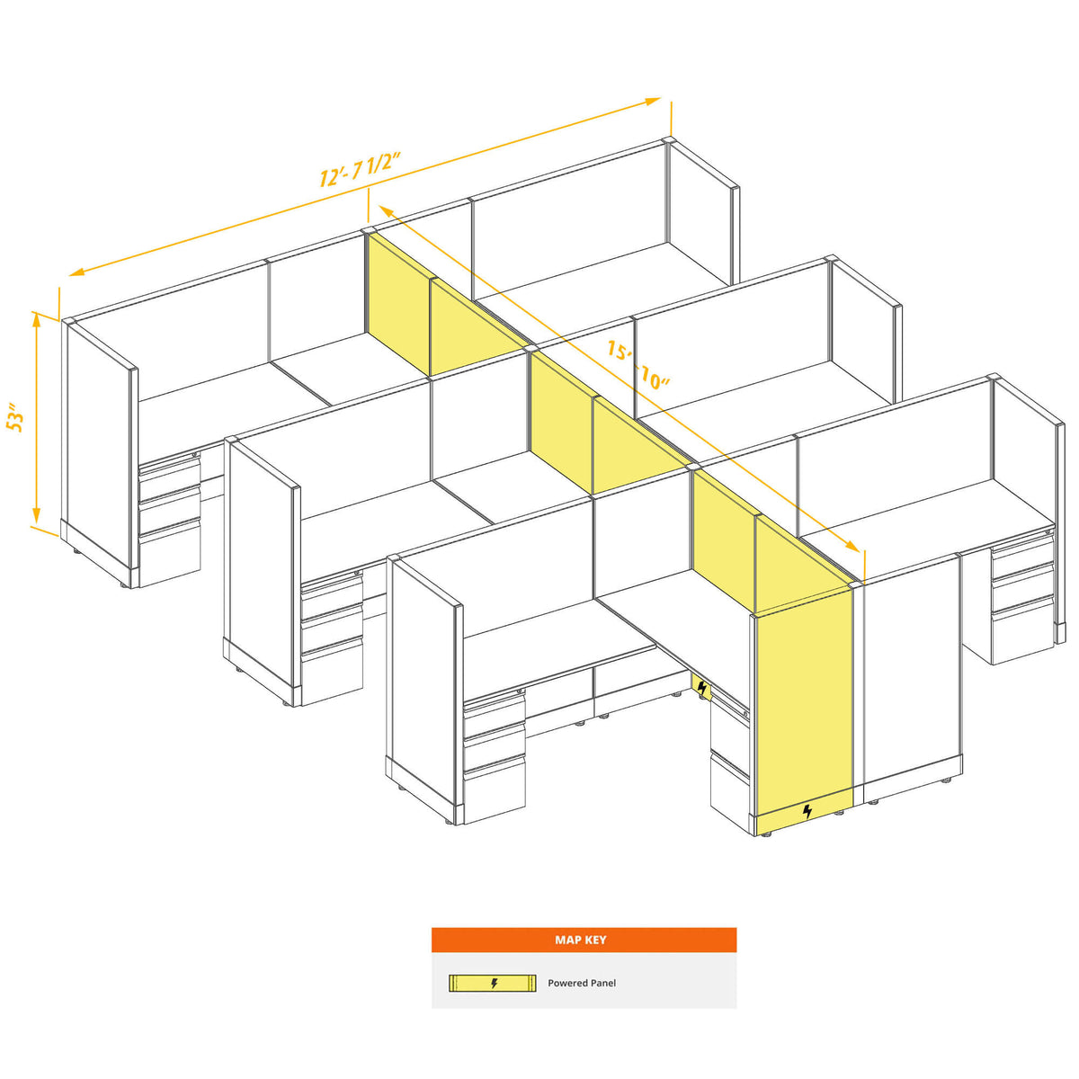 L-Shaped Cubicles 53H 6-Pack Cluster Powered