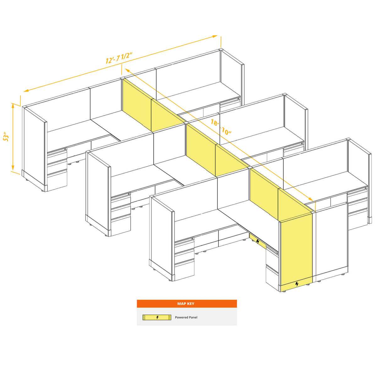 L-Shaped Cubicles 53H 6-Pack Cluster Powered