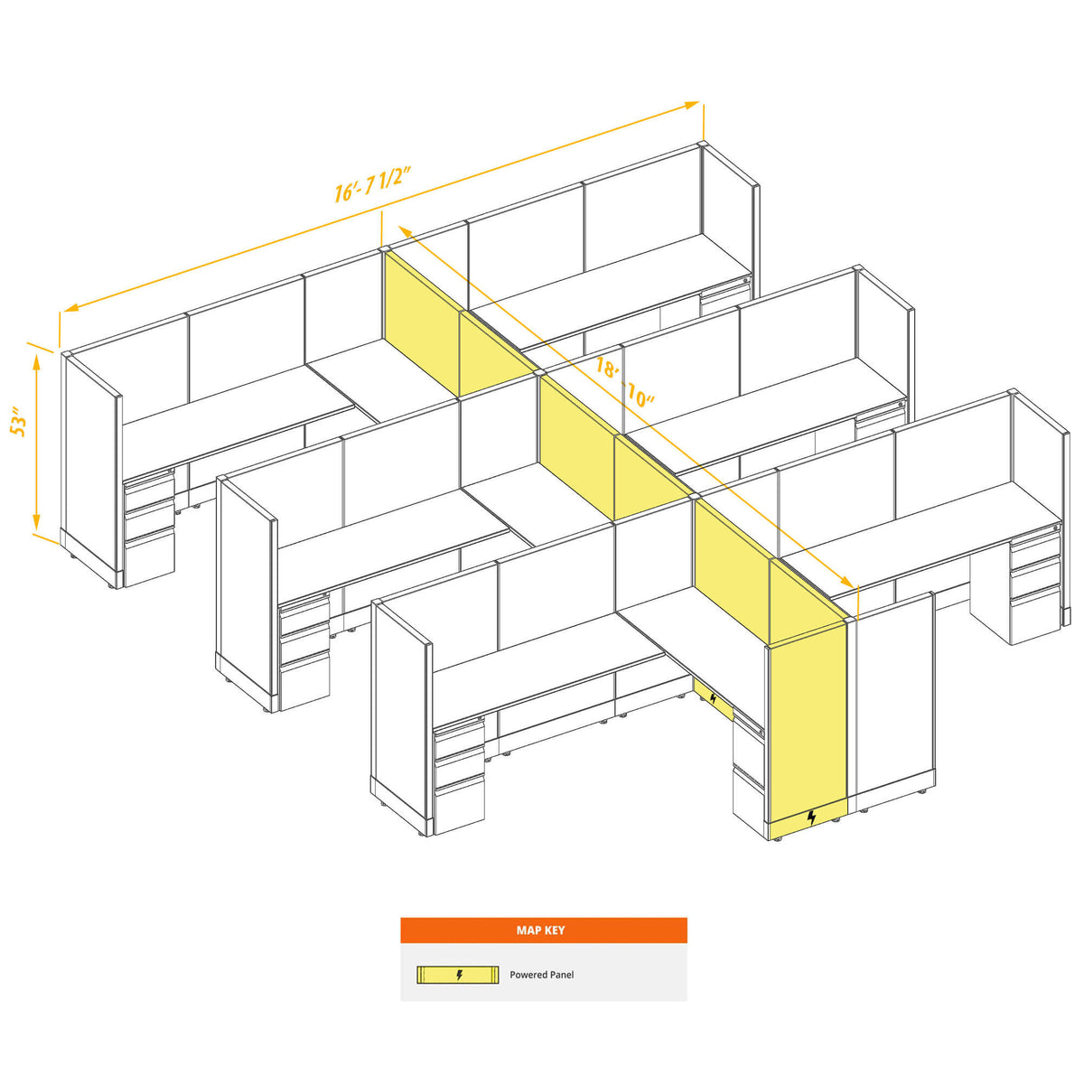 L-Shaped Cubicles 53H 6-Pack Cluster Powered