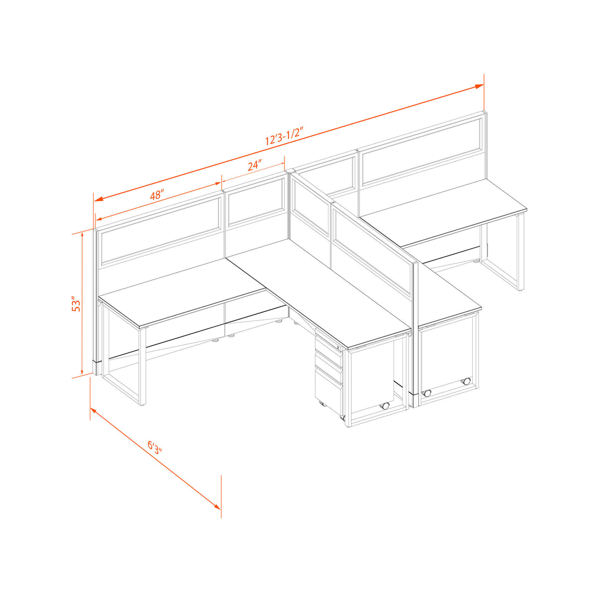 Benching Workstations With Glass 53H 2-Pack T-Shape Non-Powered