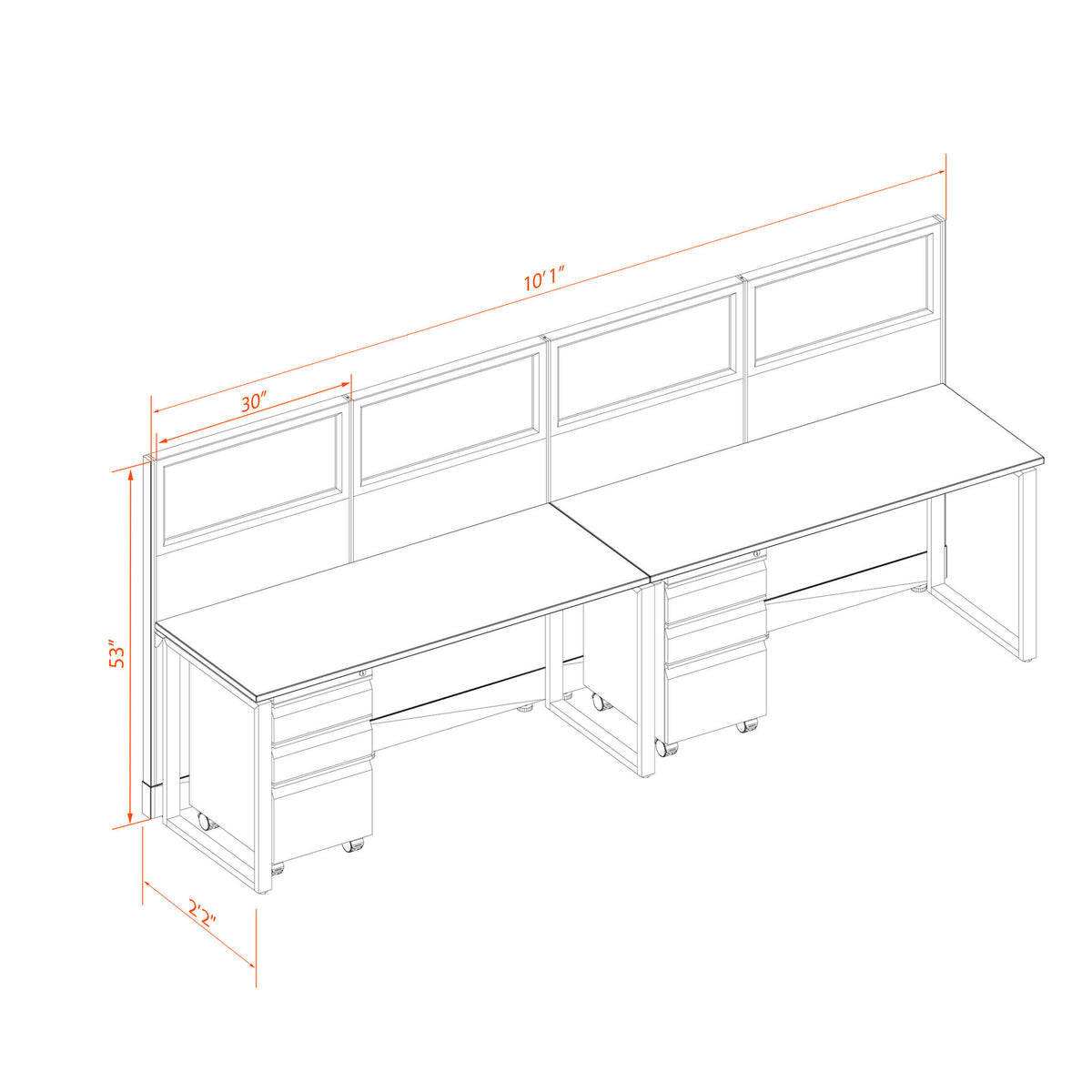 Benching Workstations With Glass 53H 2-Pack In-Line Non-Powered