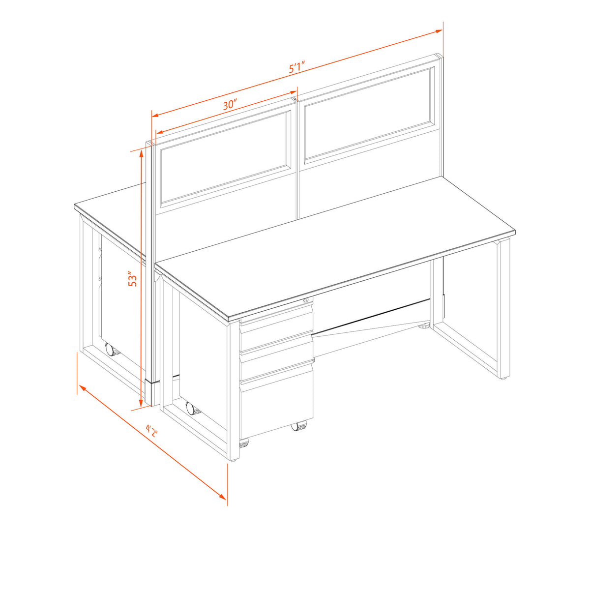 Benching Workstations With Glass 53H 2-Pack Cluster Non-Powered