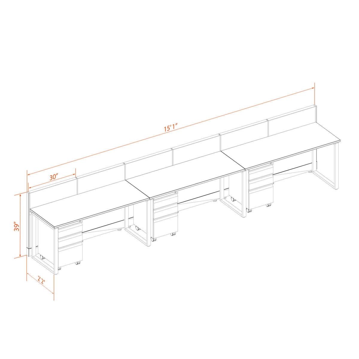 Benching Workstations 39H 3-Pack In-Line Non-Powered