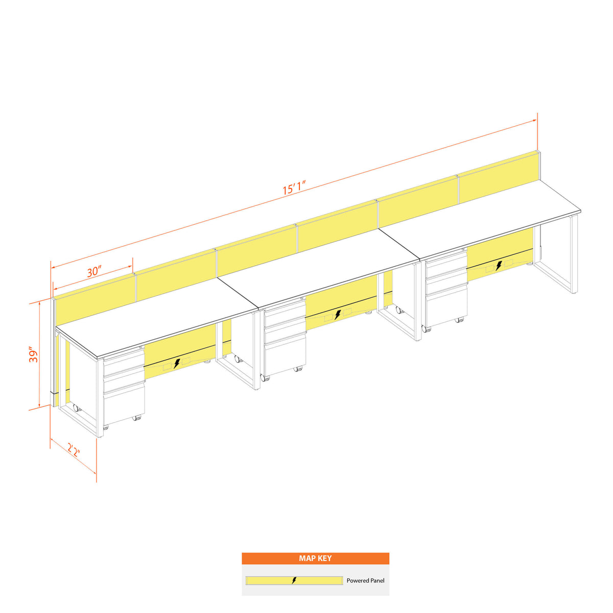 Benching Workstations 39H 3-Pack In-Line Powered
