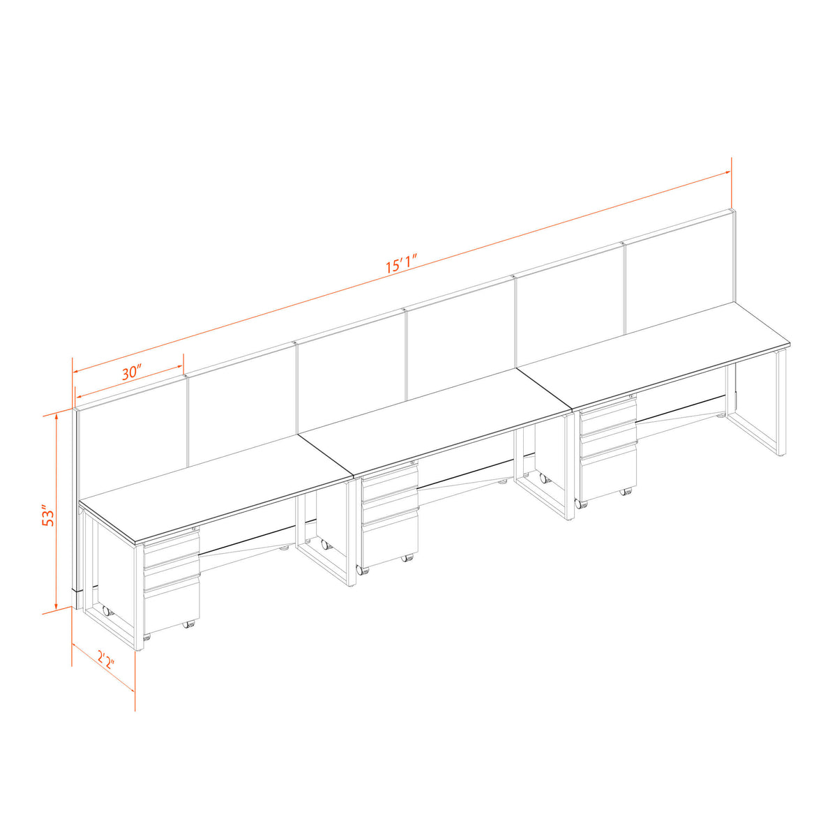 Benching Workstations 53H 3-Pack In-Line Non-Powered