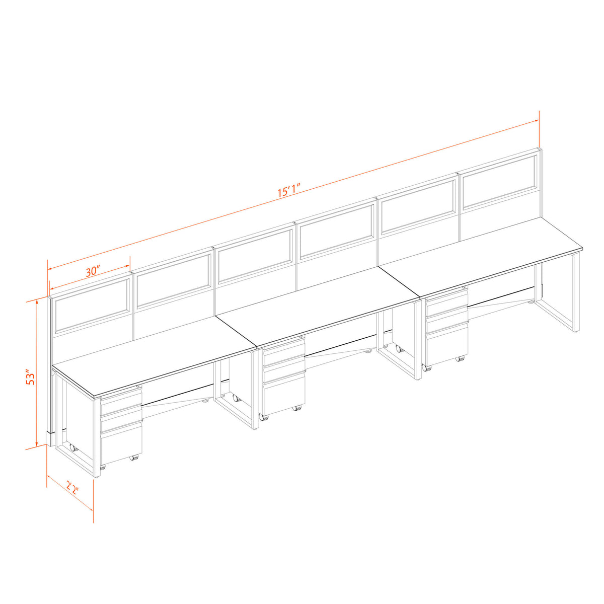 Benching Workstations With Glass 53H 3-Pack In-Line Non-Powered
