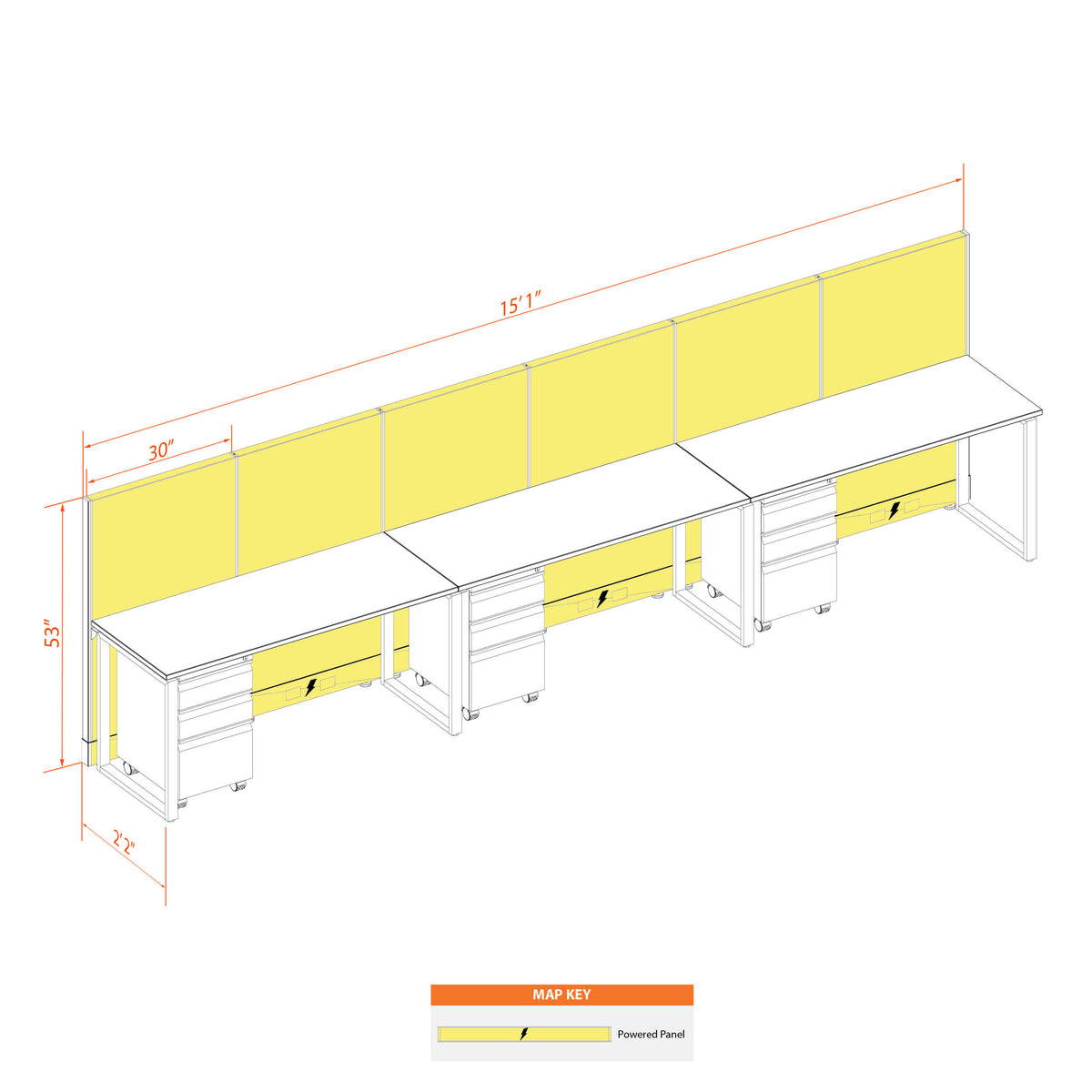 Benching Workstations 53H 3-Pack In-Line Powered