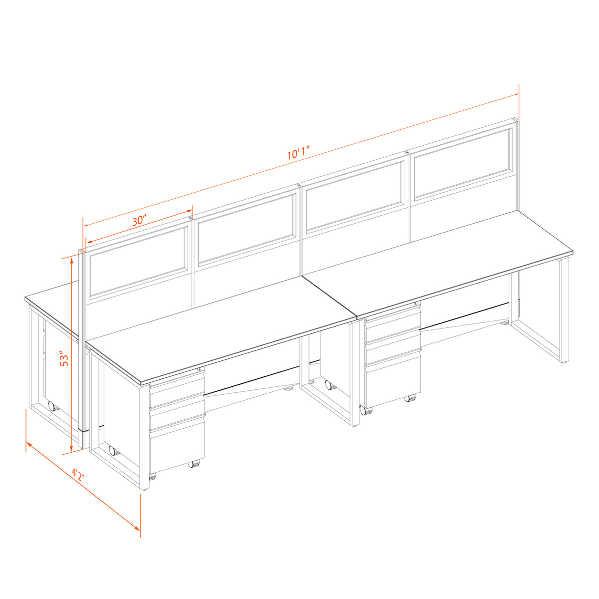 Benching Workstations With Glass 53H 4-Pack Cluster Non-Powered