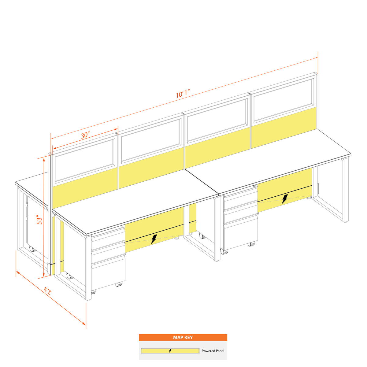 Benching Workstations With Glass 53H 4-Pack Cluster Powered