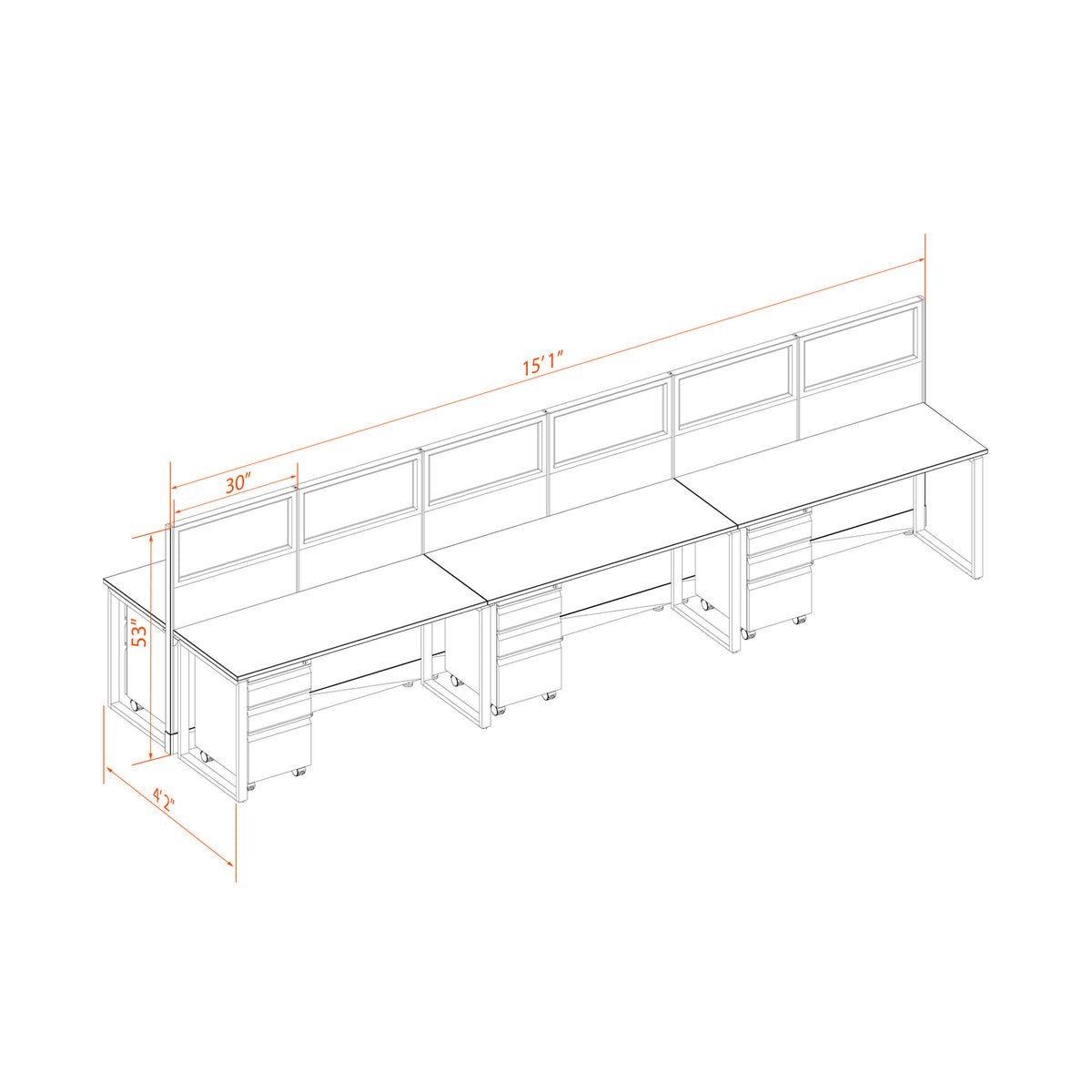 Benching Workstations With Glass 53H 6-Pack Cluster Non-Powered