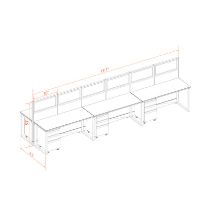 Benching Workstations With Glass 53H 6-Pack Cluster Non-Powered