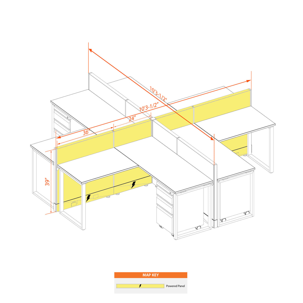Benching Workstations 39H 4-Pack X-Shape Powered
