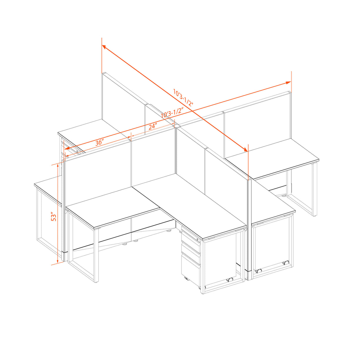Benching Workstations 53H 4-Pack X-Shape Non-Powered